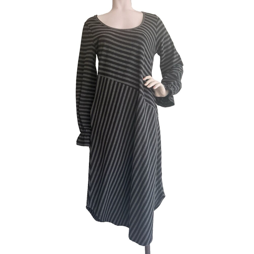 SUZANNE BETRO Dress NWT Black Gray Striped Asymmetric Art to Wear Lagenlook Sz S